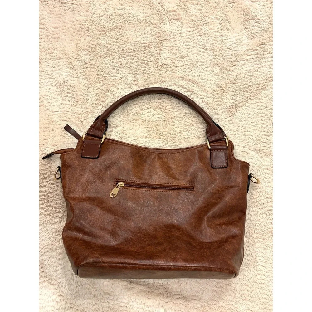 Distressed Cognac Brown Vegan Leather Slouchy Hobo Shoulder Bag Gold Zips‎